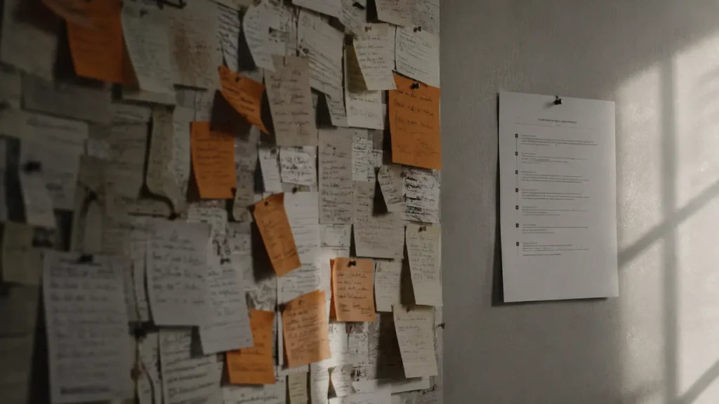 A wall of scattered handwritten notes beside a single structured document, representing undocumented business knowledge