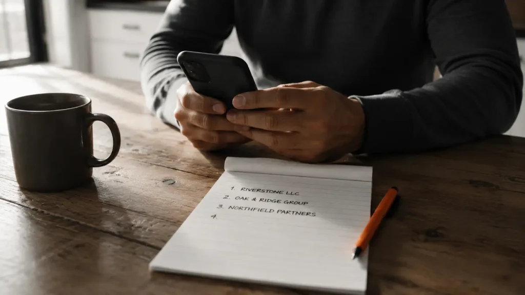 Someone writing down a shortlist of businesses recommended to them by an AI assistant