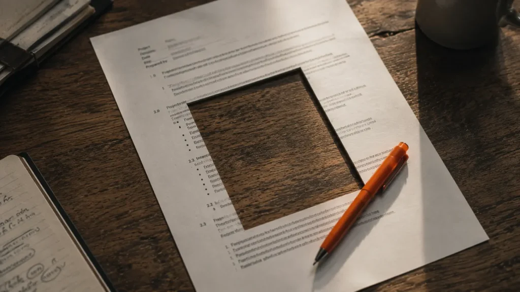 A document with a hole cut out of it, representing the knowledge gaps where chatbots invent answers