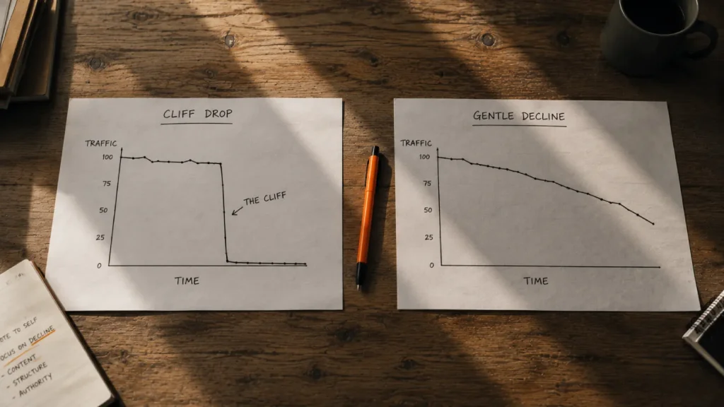 Two hand-drawn graphs contrasting a technical cliff drop with an algorithmic slope