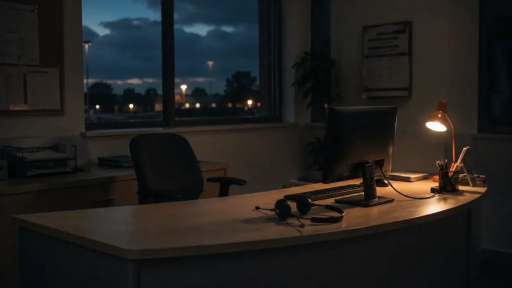 An empty customer service desk with a headset, representing an AI agent answering on a business's behalf
