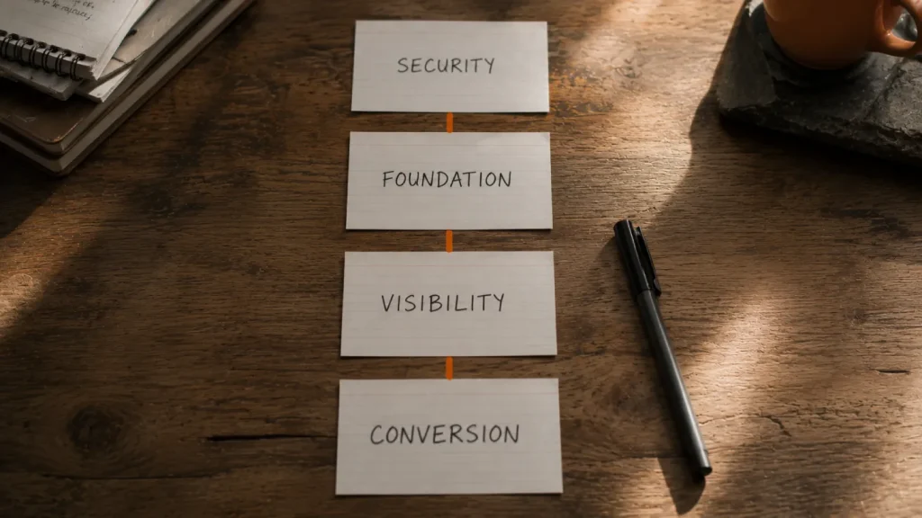 Four cards in order on a desk: Security, Foundation, Visibility, Conversion