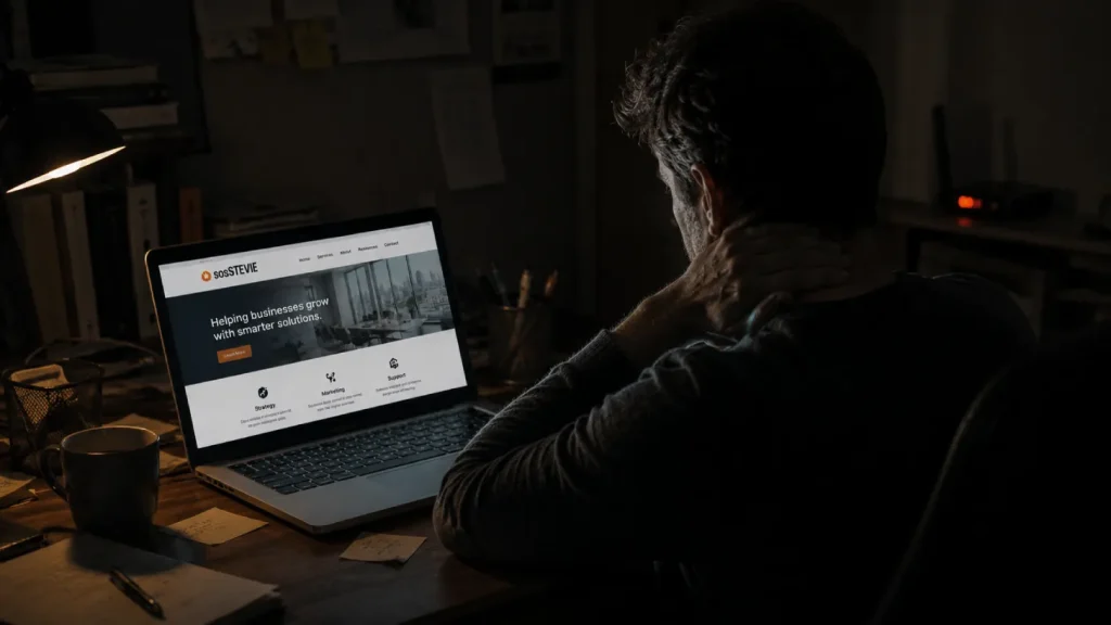 Business owner working late after discovering their website has been compromised