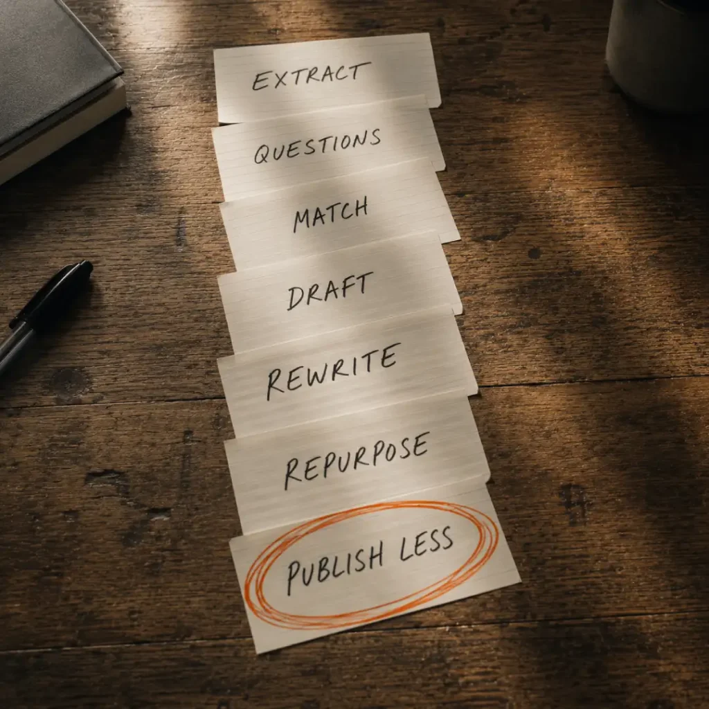The seven steps of the Information First content method, ending with publish less