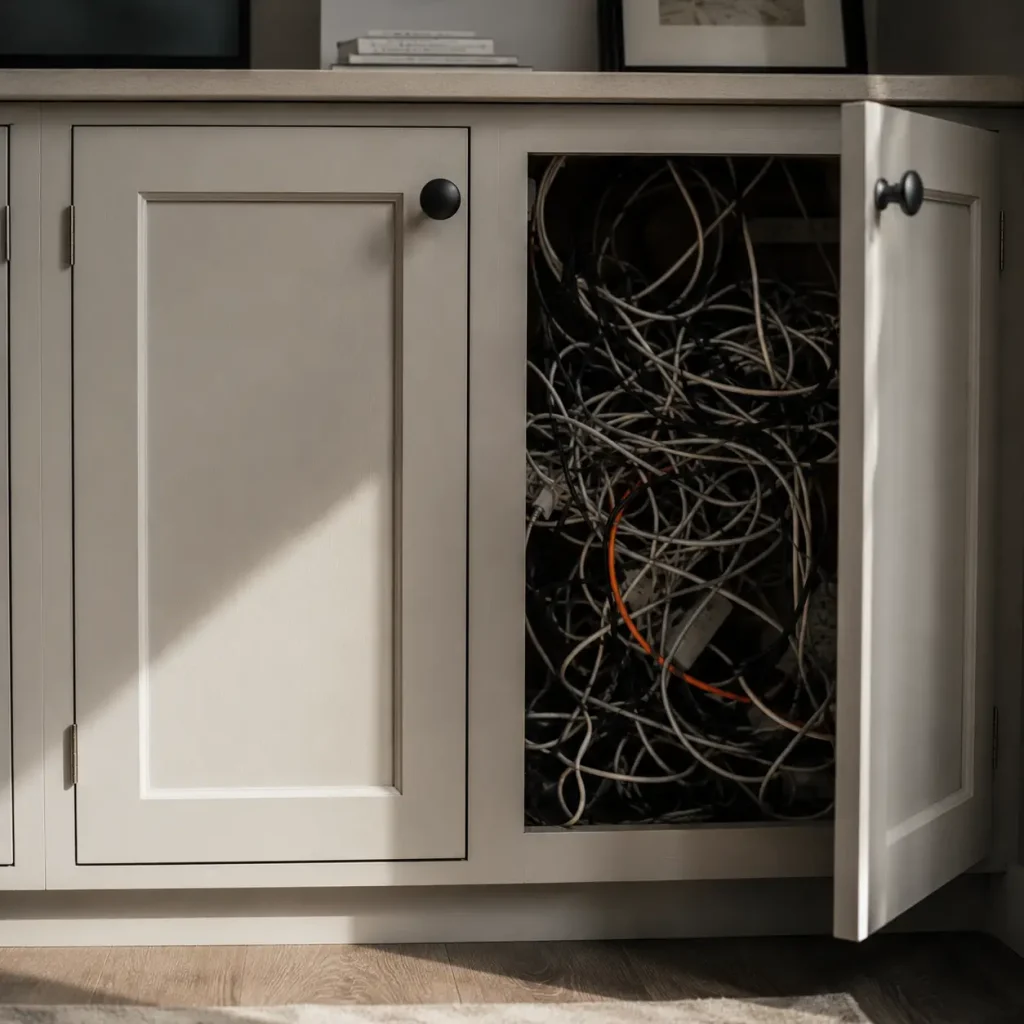 A polished cabinet front beside an open door revealing tangled wiring, representing a website that looks finished but is not