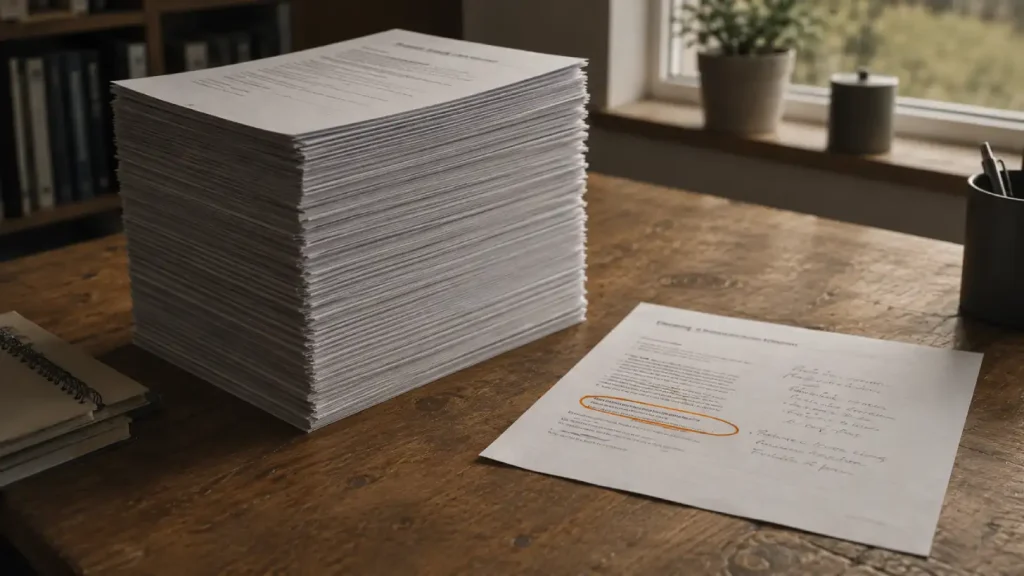 A tall stack of identical pages beside a single annotated page, representing volume versus information in content