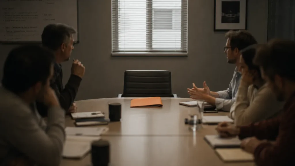 An empty chair at the head of a meeting table, representing the absence of ownership over AI decisions