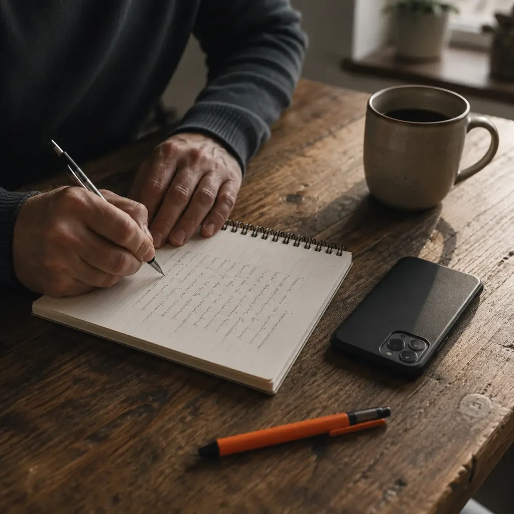 Someone carefully composing a reply to a customer review by hand