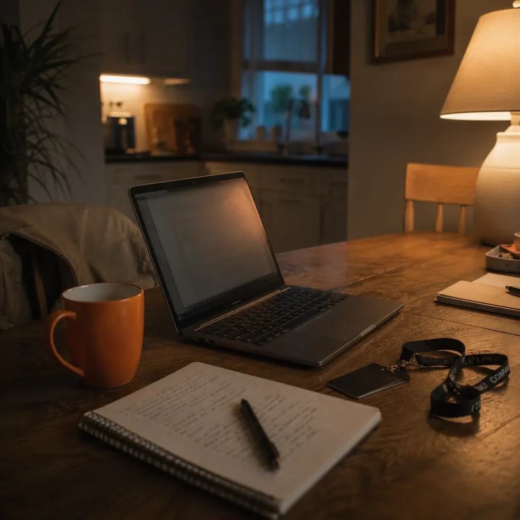 A personal laptop at a kitchen table beside a work lanyard, representing critical work running in unapproved personal accounts