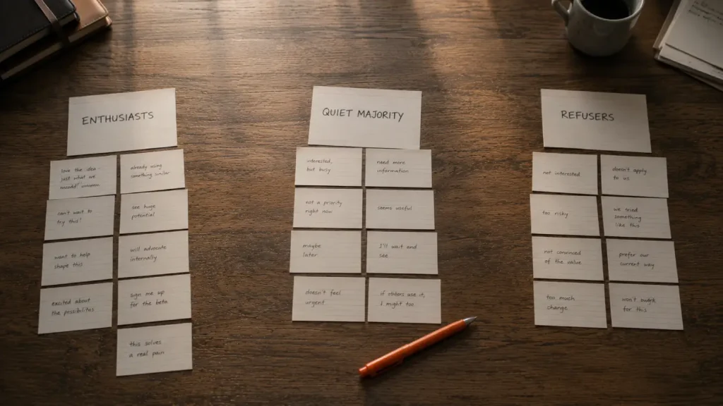 Three unconnected groups of cards representing enthusiasts, the quiet majority and refusers in an AI governance vacuum