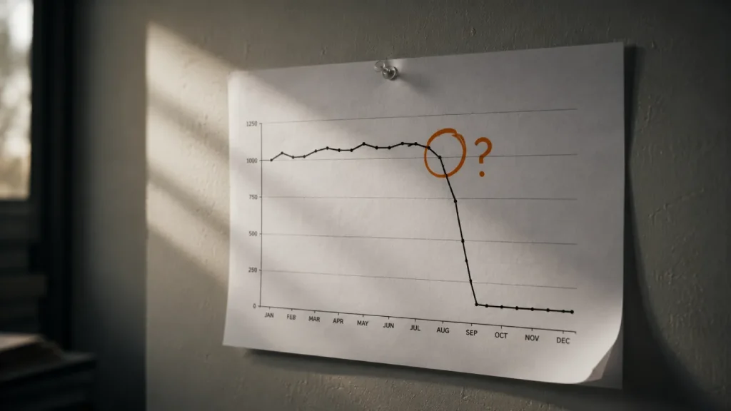 A printed traffic graph showing a sudden cliff-edge drop, circled by hand