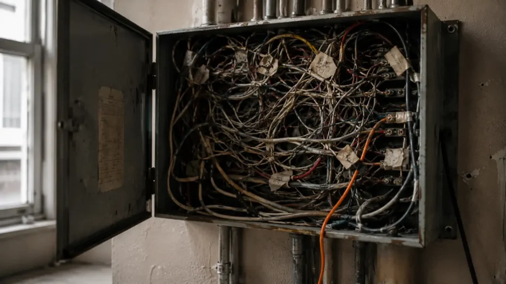 An electrical box crowded with years of added wiring, representing plugin accumulation on a neglected WordPress site